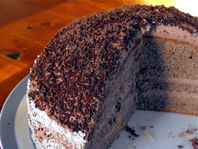 Chocolate cake, cut