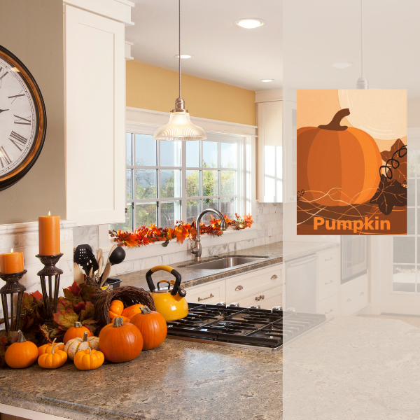 golden autumn wall decor in form of an orange pumpkin in a vintage-style white kitchen