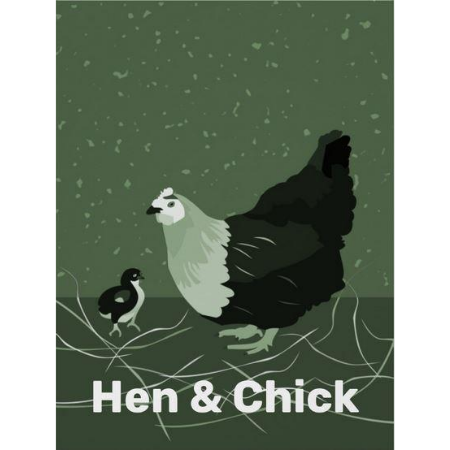 mother hen with her chick, green kitchen  wall art, as a poster print