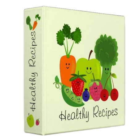 Healthy Recipes Binder, with fruit and vegetable cartoon like print