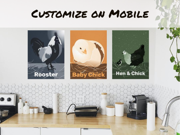 white kitchen showing digital art poster prints of a rooster at moonlight, a hatching chicken in sandy orange and a hen with her baby chick in green