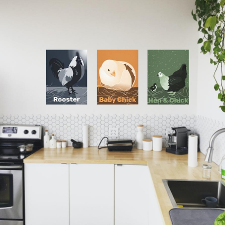 white kitchen with digital wall art, a rooster at moonlight, a hatching chick in sandy orange, and a hen with a baby chick in monochrome green hues
