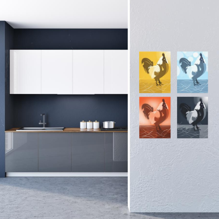 a blue kitchen wall decor showing a proud rooster kitchen wall decor as a quartet in monochrome hues of yellow, light blue, orange, and dark blue