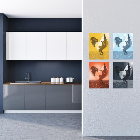 rooster Quad in light blue, dark blue, yellow, and orange kitchen art, canvas print