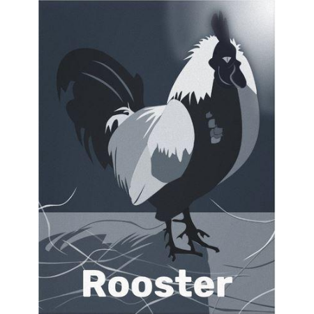 The rooster kitchen wall decor shows a colored monochromatic canvas print or poster print.  The triptych series includes a rooster, a hen, and her chick and a baby chick.