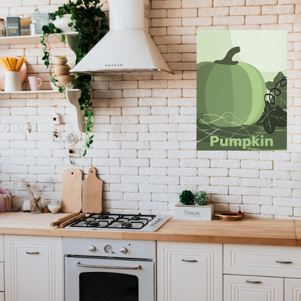 moss-green wall hanging in form of a green pumpkin in a country-style kitchen