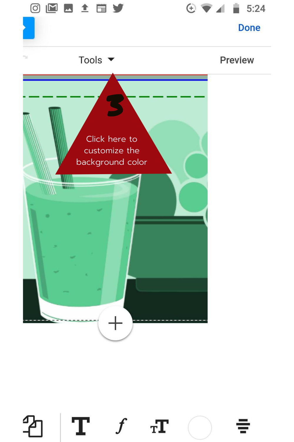 Step 3: Screen three allows adjusting the font, font size, and color. Tapping the tools drop-down menu leads to screen four.