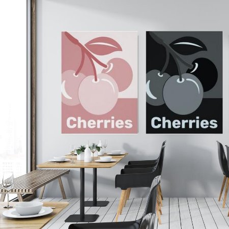 coffee-house wall decor showing monochrome poster prints in hues of white or black with the cherry theme