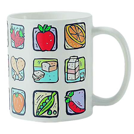 The colorful kids mug is an homage to healthy eating habits with his memory game like appearance in the imagery of produce.