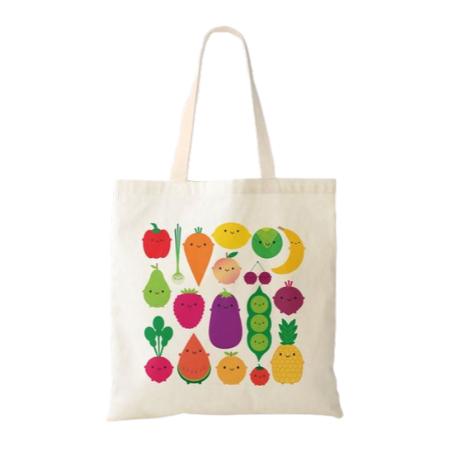 The reusable grocery tote bag shows a motif that reflects a love for 5+ fruits and vegetables per day, and this expresses your healthy eating habits.