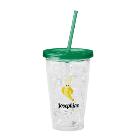 A personalized plastic tumbler with straw is a good method to interest kids to dringk a healthy banana smoothie drink.