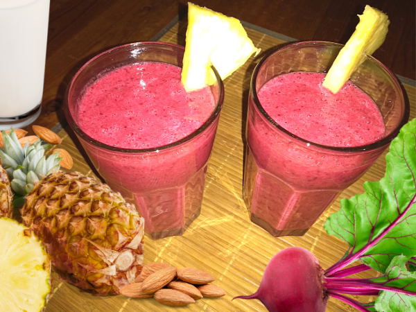 The fruits banana, pineapple, and beetroot smoothie recipe make two servings of a beautiful red smoothie. Adjust to the required amount by adding more fruits and liquid.