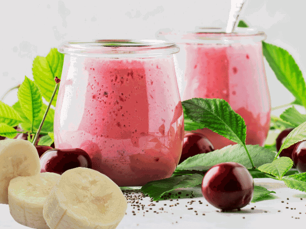 The banana and cherry smoothie recipe for kids makes one serving and is easy to increase by adding additional fruit and almond milk.