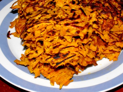 These sweet potato pancakes are a pleasant twist on the common pancake recipe. They are delicious on their own or as an accompanyment to a dish of your choice.