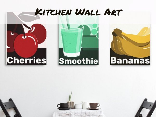 Dining table with three wall art prints, cherries, smoothie, bananas