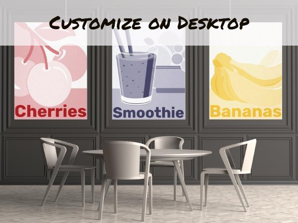 dining room showing three monochrome pastel red cherries, pastel yellow bananas, and a pastel blue smoothie tumbler with straw as poster prints